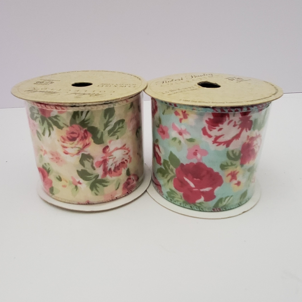 Floral Ribbon Set Wired Edge 2 Rolls 2.5in Wide 18ft Length